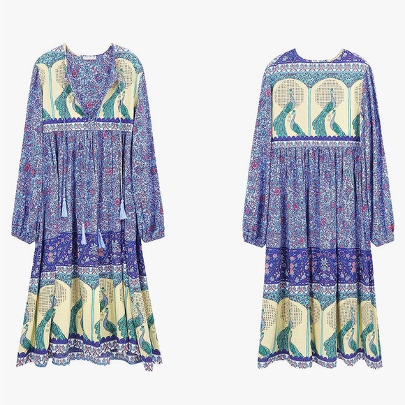 NWOT Bohemian Floral Midi Dress with V Neck and double tie tassel front - Picture 5 of 6